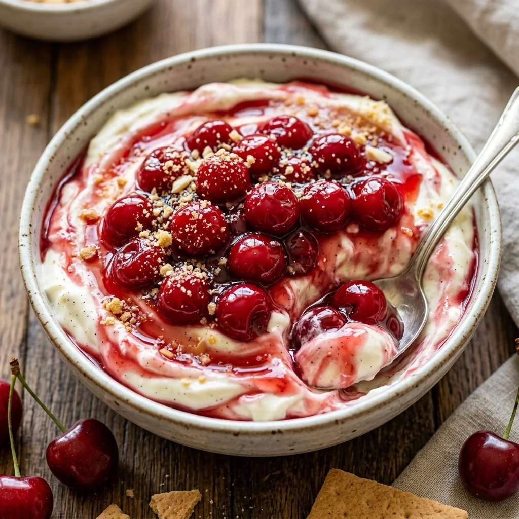 Delicious Cherry Cheesecake Dip served in a bowl with a cherry on top