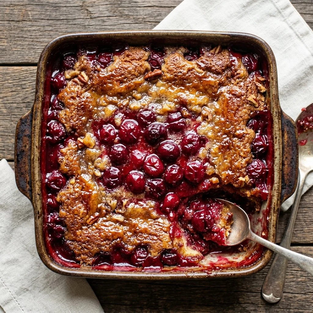 Delicious Cherry Dump Cake served in a white dish with cherries on top.