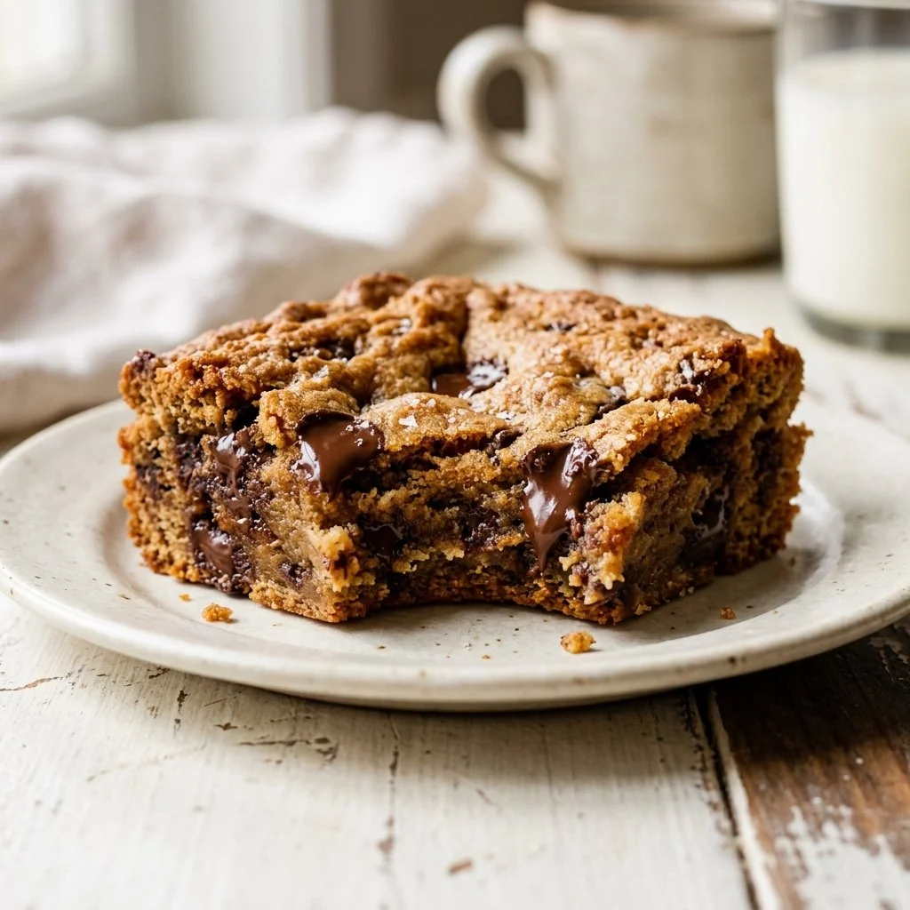 Chewy chocolate chip cookie bars freshly baked and served on a plate.