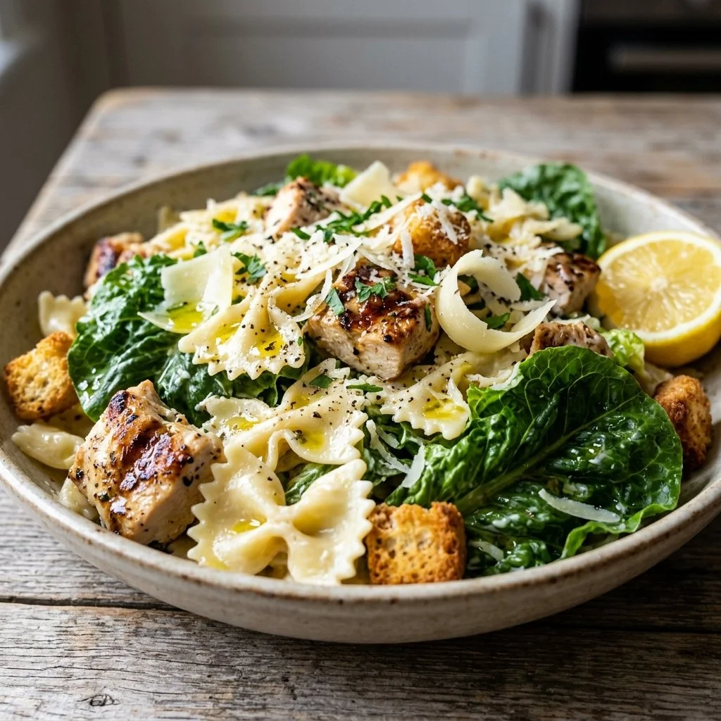 Delicious Chicken Caesar Pasta Salad with grilled chicken and fresh greens