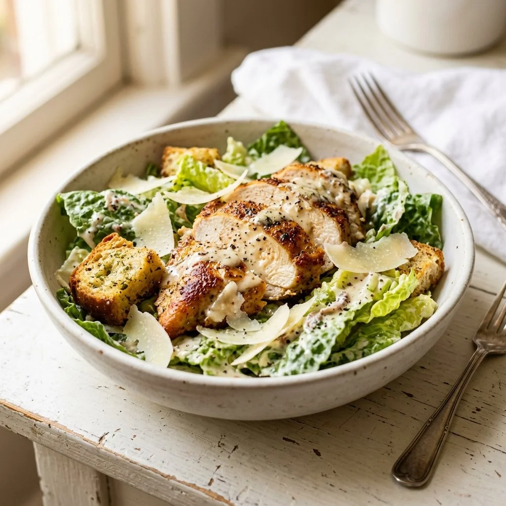Fresh Chicken Caesar Salad with romaine lettuce, grilled chicken, and parmesan