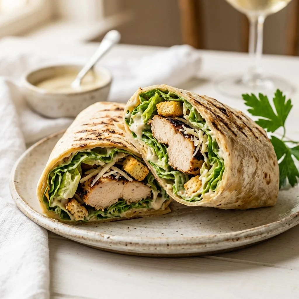 Delicious Chicken Caesar Wrap filled with grilled chicken and romaine lettuce