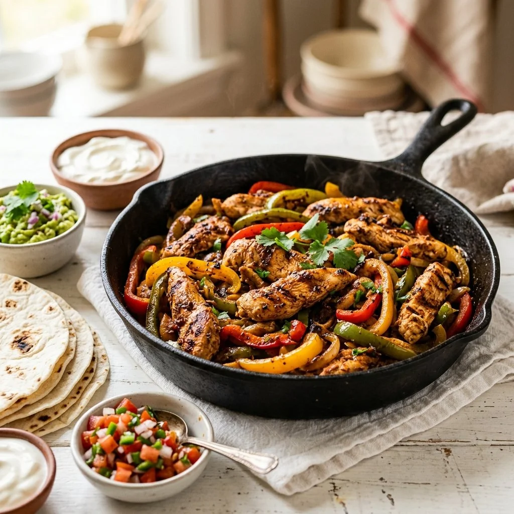 Deliciously grilled Chicken Fajitas served with vibrant peppers and onions
