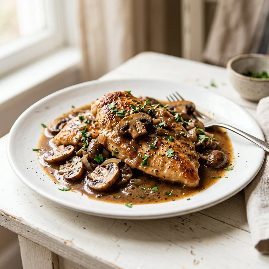 Delicious Chicken Marsala with mushrooms in a rich sauce served on a plate
