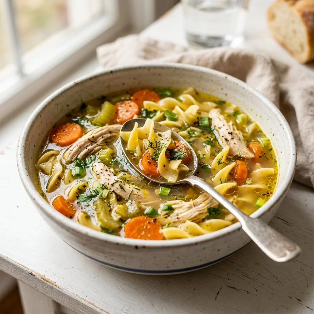 Delicious homemade chicken noodle soup in a bowl with fresh herbs and noodles