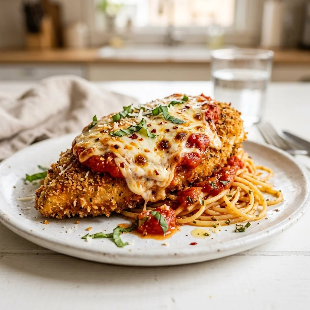Delicious Chicken Parmesan with crispy breaded chicken and marinara sauce