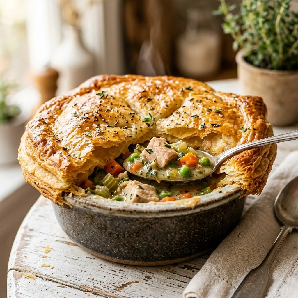 Delicious homemade chicken pot pie with a golden crust and creamy filling