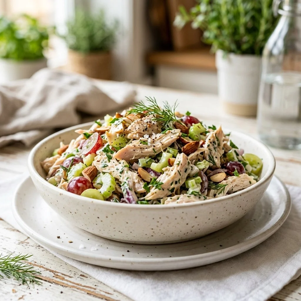 Delicious homemade chicken salad served in a bowl with fresh vegetables