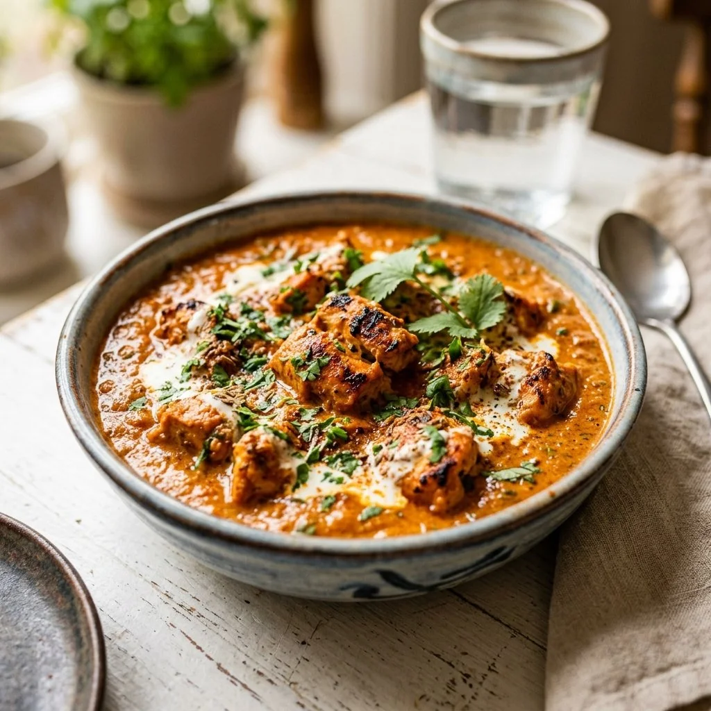 Homemade Chicken Tikka Masala served with rice and naan