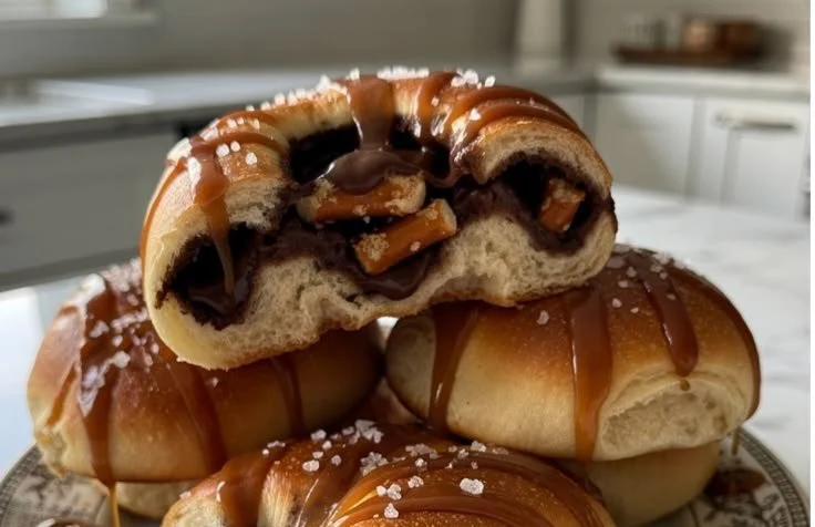 Freshly baked chocolate caramel pretzel rolls topped with drizzled chocolate.