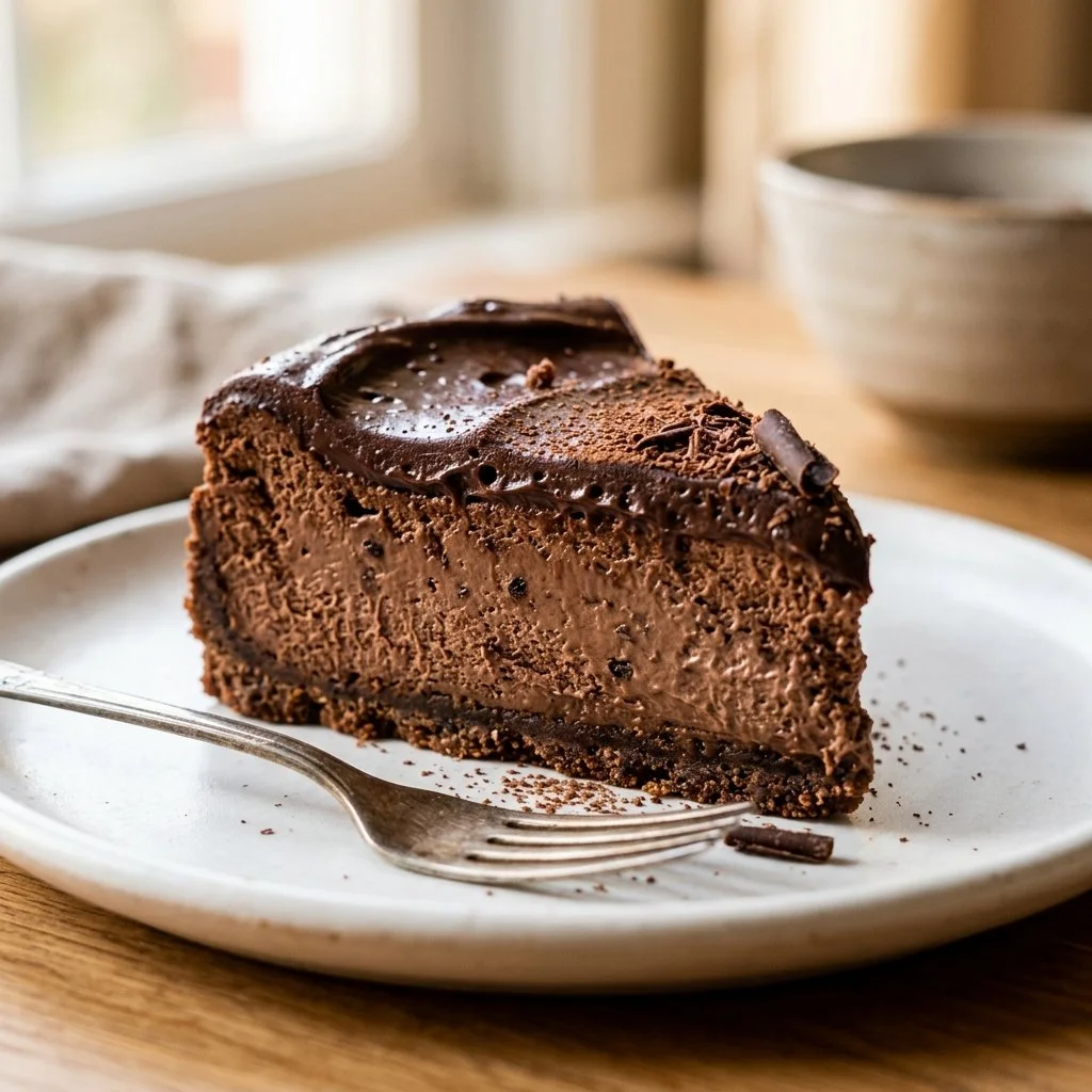 Slice of delicious chocolate cheesecake topped with chocolate shavings