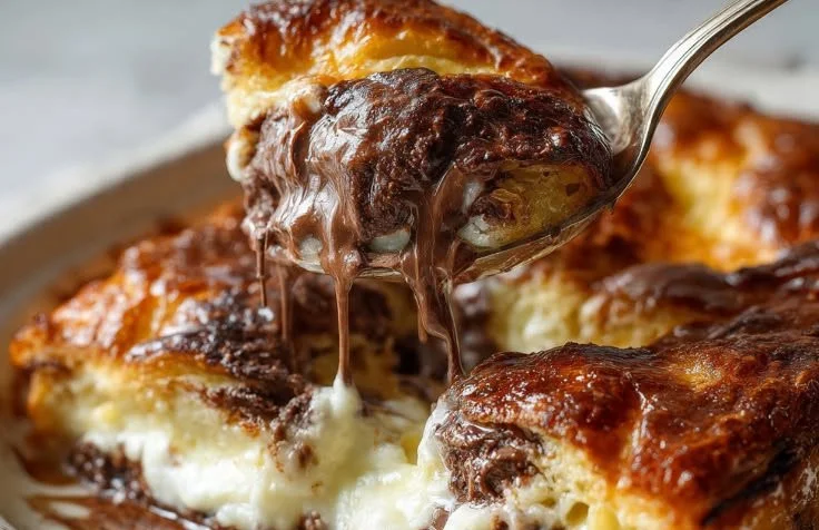 Freshly baked chocolate chip croissants with melted chocolate filling