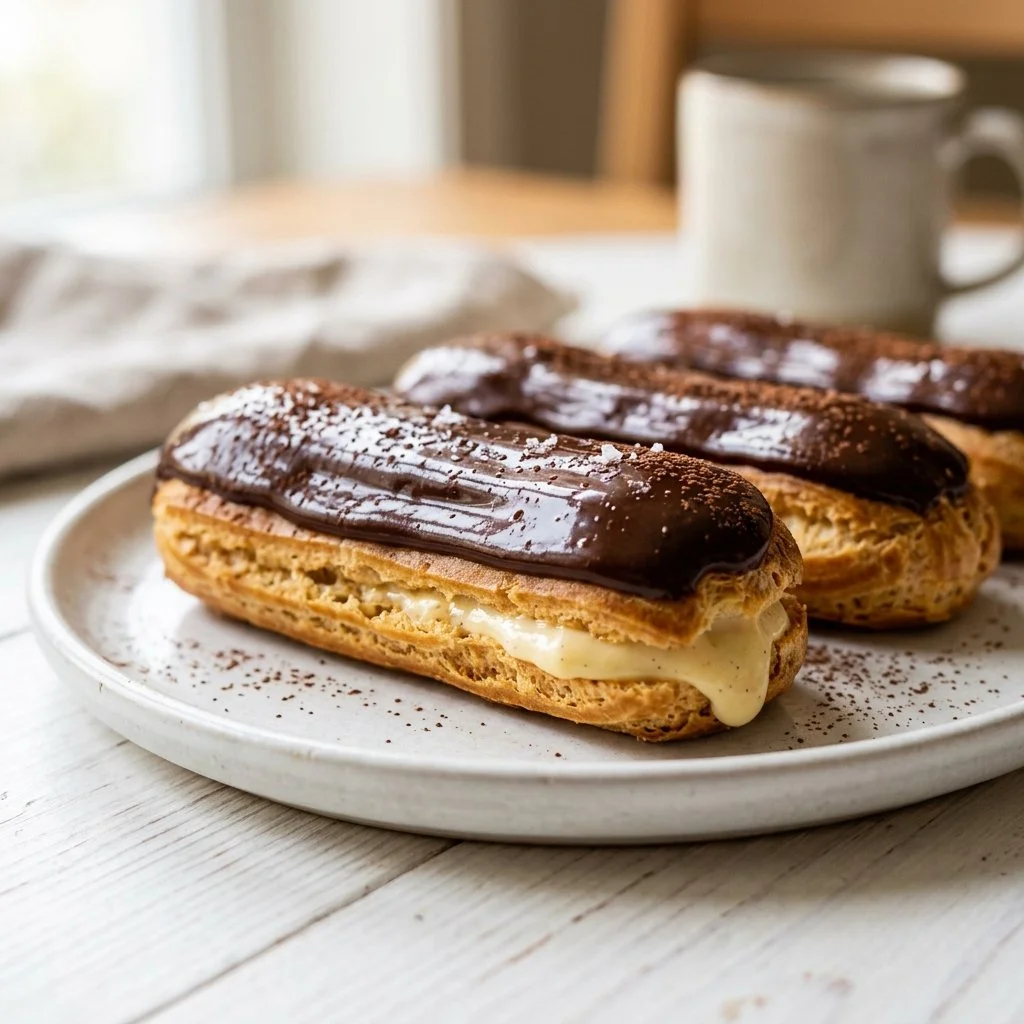 Delicious chocolate eclairs filled with rich cream on a decorative plate