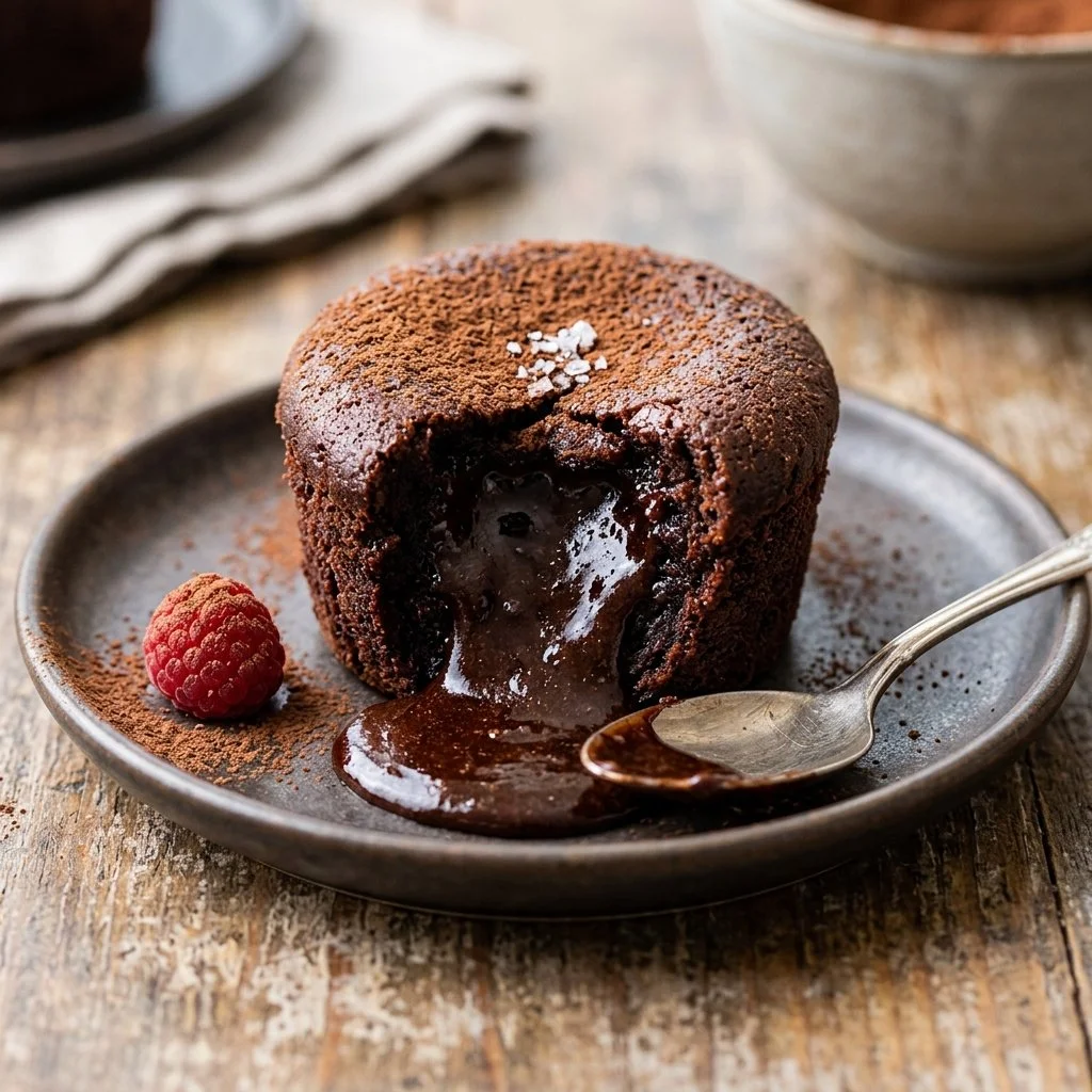 Decadent chocolate lava cake with a gooey molten center, served on a plate