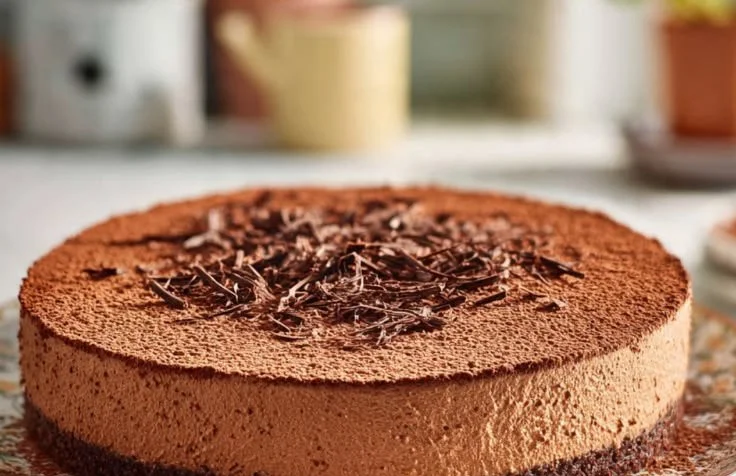 Delicious chocolate mousse cake topped with chocolate shavings