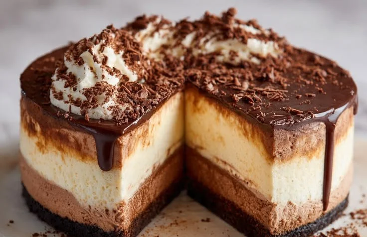 Deliciously layered Chocolate Mousse Cake with a rich chocolate topping