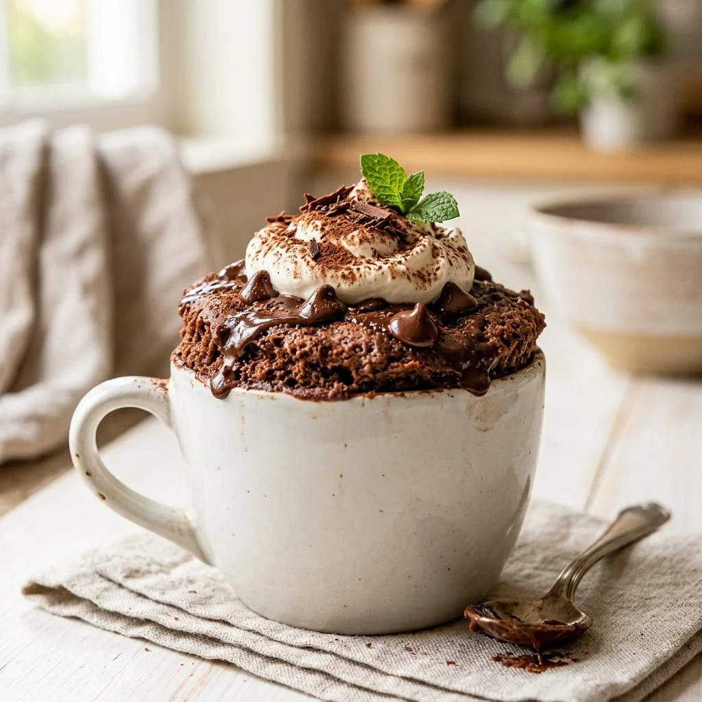 Deliciously rich chocolate mug cake in a white mug