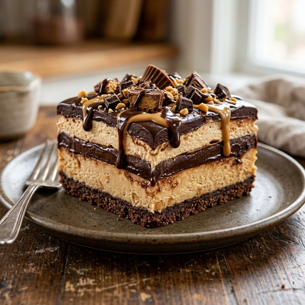 Delicious Chocolate Peanut Butter Lasagna dessert with creamy layers and chocolate topping