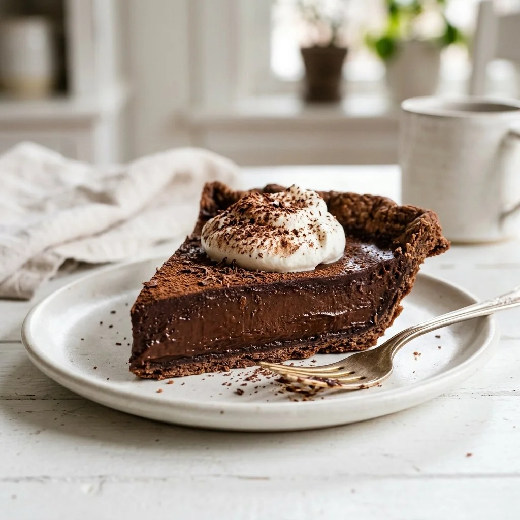 Delicious chocolate pie served with whipped cream on a rustic table.