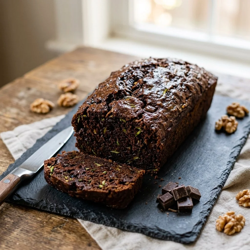 Sliced homemade chocolate zucchini bread with chocolate chips on a plate