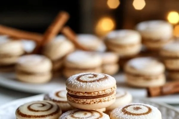 Cinnamon roll macarons showcasing creamy filling and delicate shells