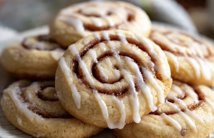 Delicious cinnamon roll sugar cookies on a rustic wooden table.