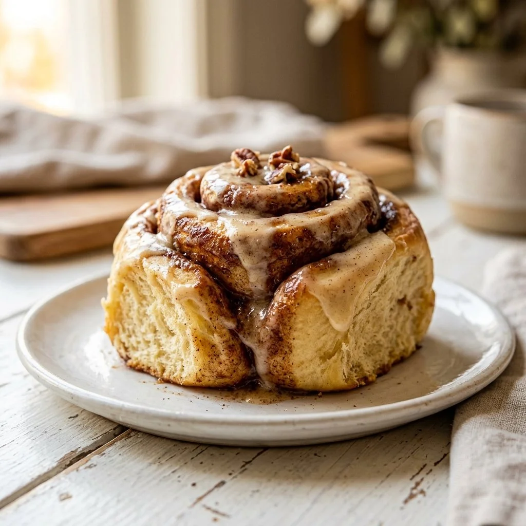 Delicious homemade cinnamon rolls with icing on a plate.