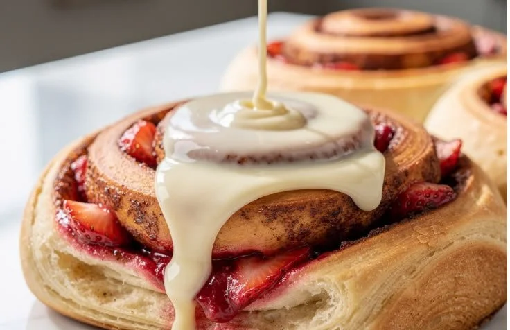 Freshly baked cinnamon rolls with strawberry cream frosting