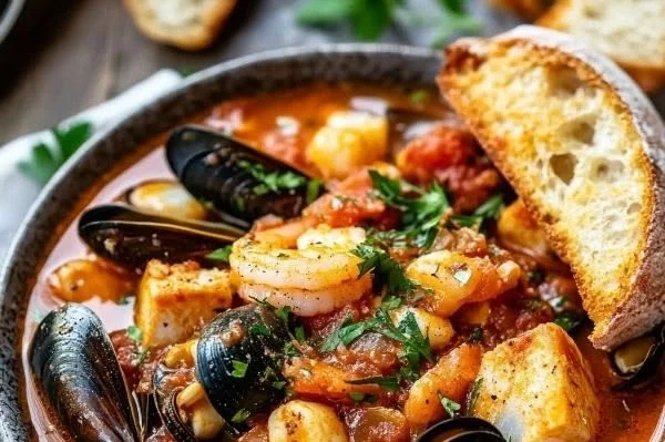 A delicious bowl of Cioppino, a traditional Italian seafood stew with fresh ingredients.