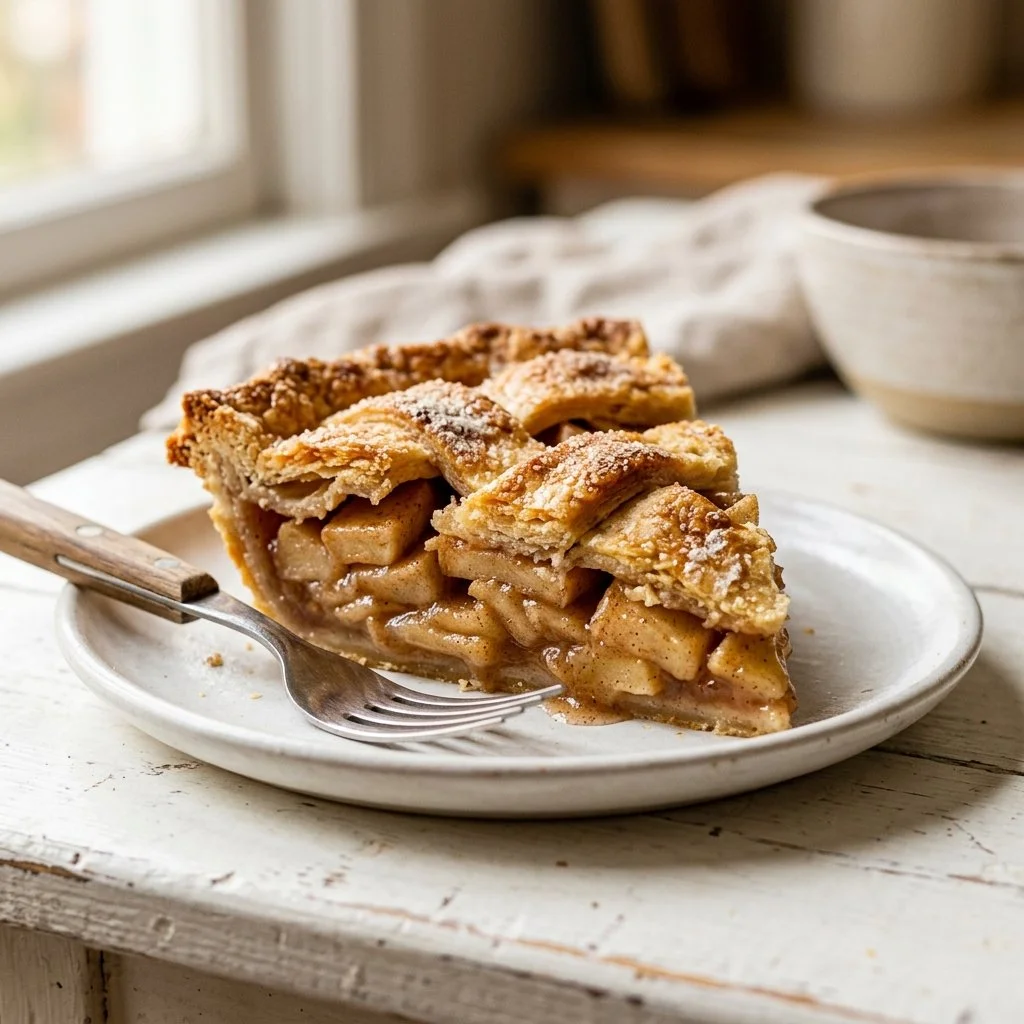 Slice of classic apple pie with golden crust and fresh apples
