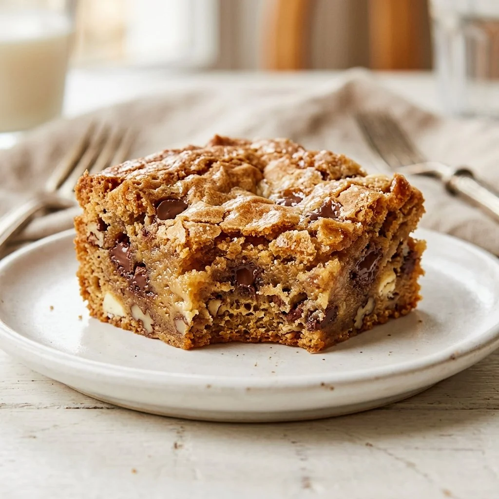 Delicious classic blondies freshly baked and served on a plate