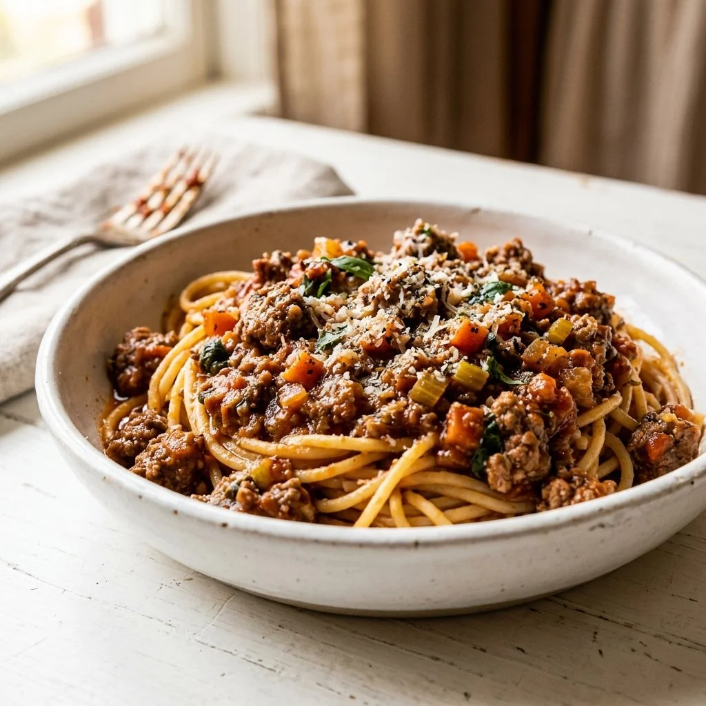 A bowl of classic Bolognese sauce with pasta and herbs garnished on top.