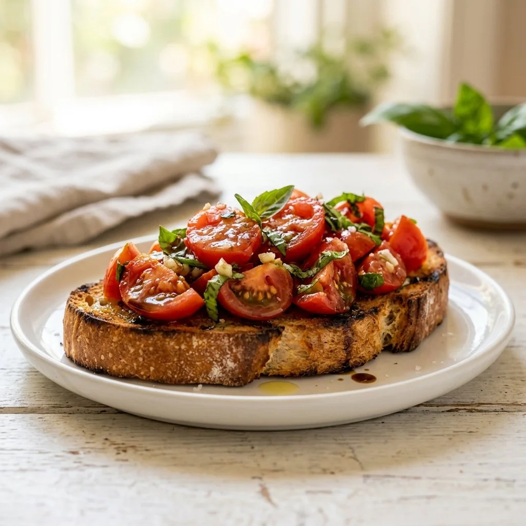 Classic bruschetta topped with tomatoes, basil, and olive oil on toasted bread
