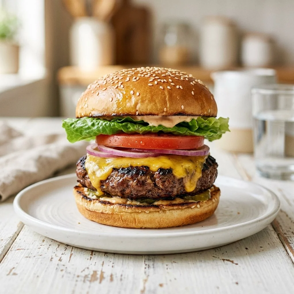 Juicy classic burger recipe with fresh toppings and a toasted bun.