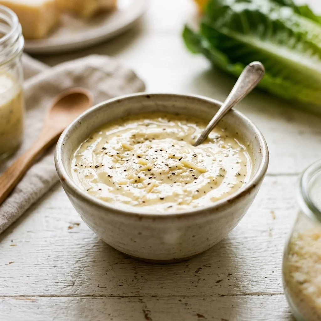 Classic Caesar dressing served in a bowl with fresh ingredients