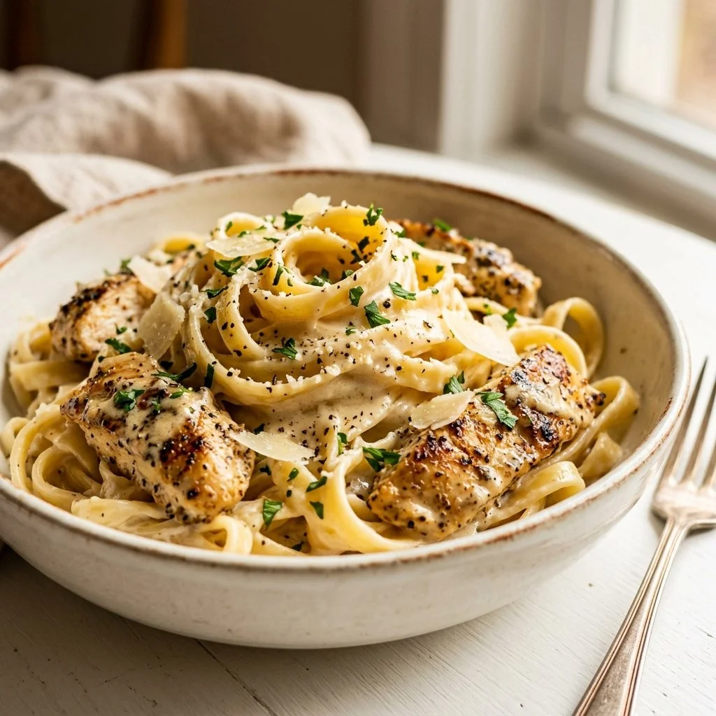 Classic Chicken Alfredo pasta dish with creamy sauce and grated parmesan cheese