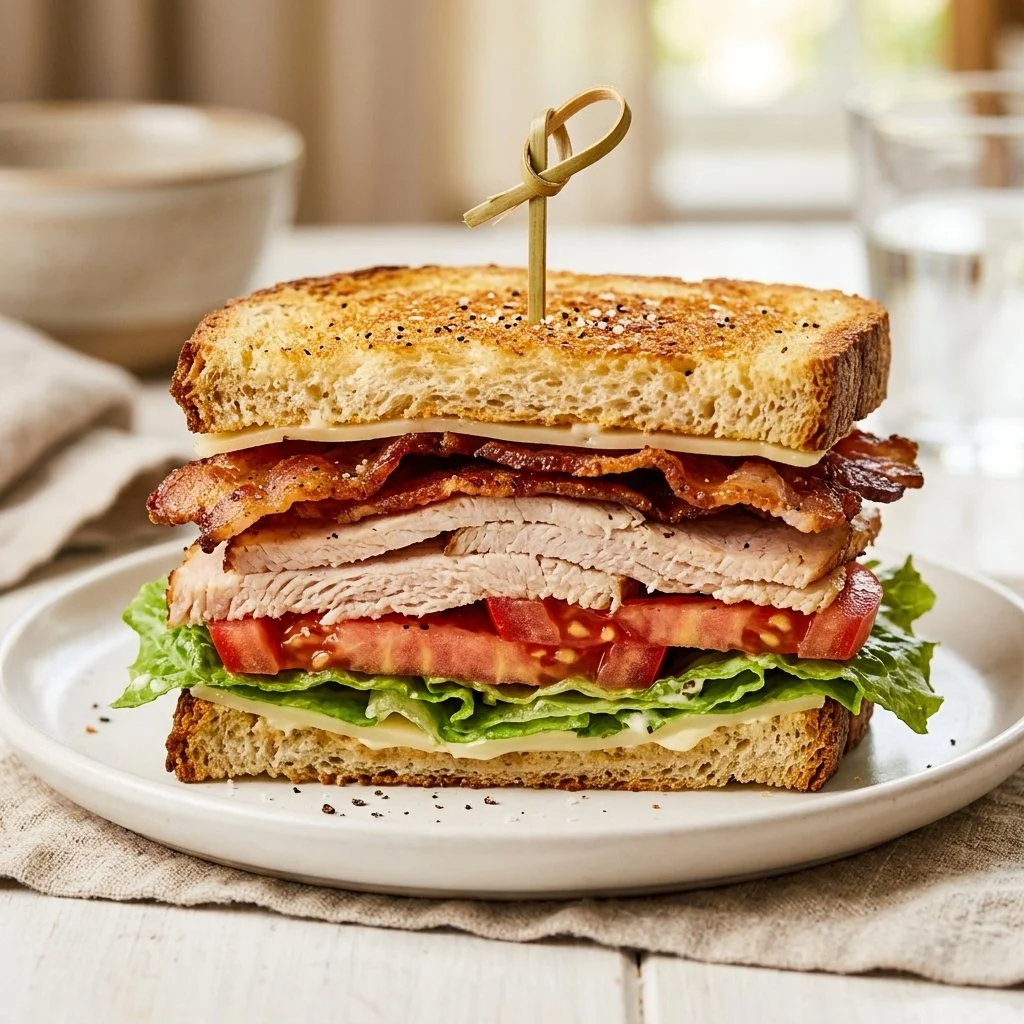 A classic club sandwich layered with turkey, bacon, lettuce, and tomato