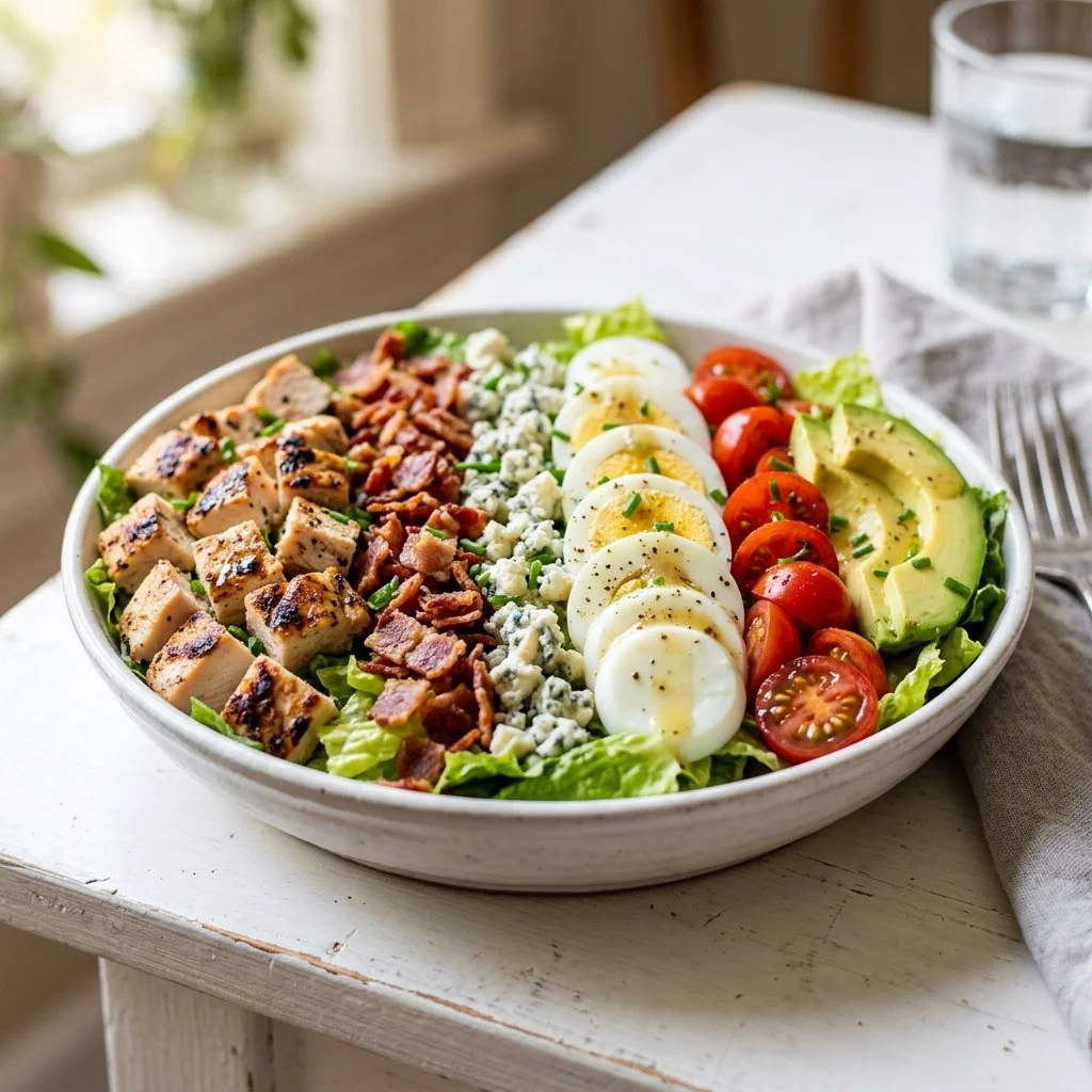 Plate of classic Cobb salad with chicken, bacon, avocado, and dressing