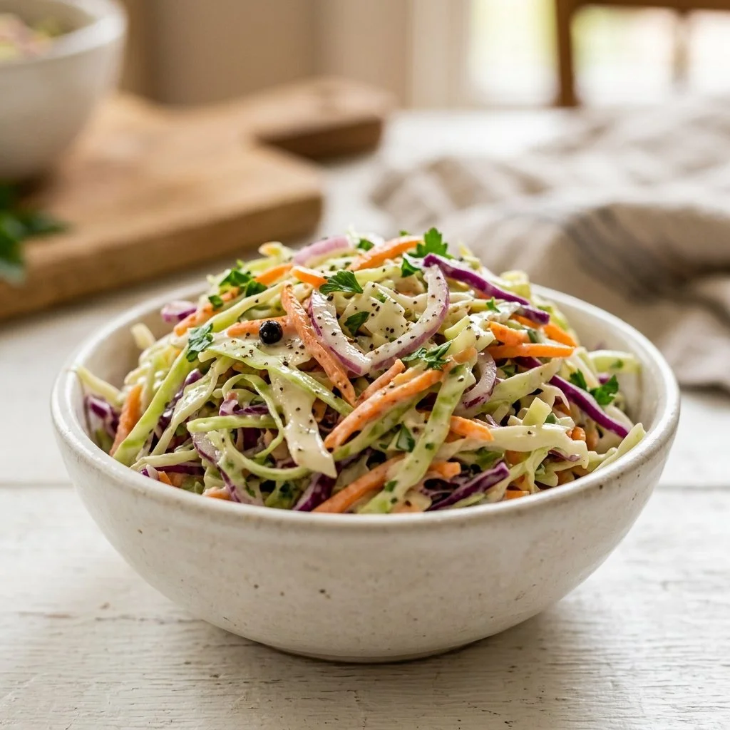 Bowl of classic coleslaw made with cabbage and carrots