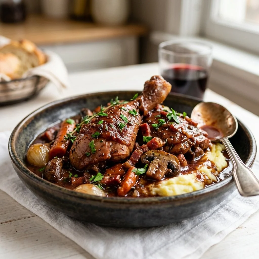 Delicious plate of classic Coq au Vin with tender chicken and red wine sauce