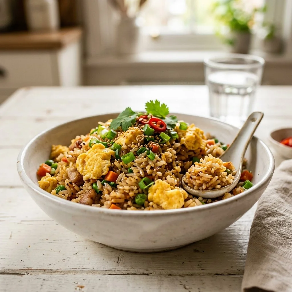 Classic egg fried rice dish with colorful vegetables and eggs