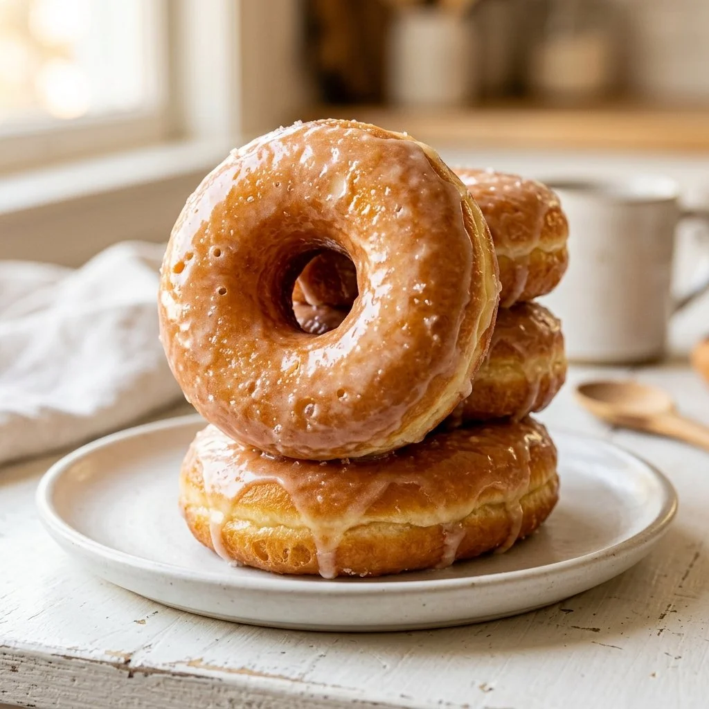 Freshly made classic glazed donuts on a display