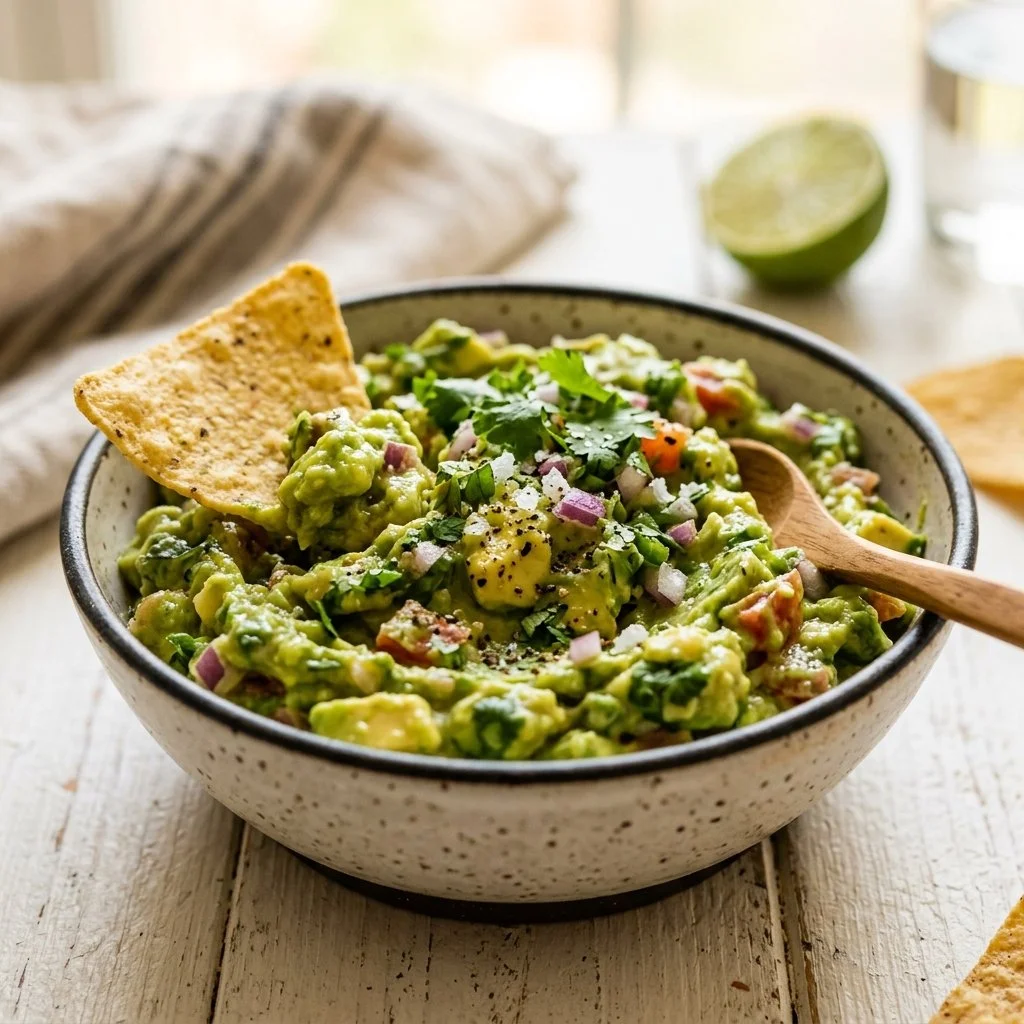 Bowl of classic guacamole made with fresh avocados and spices