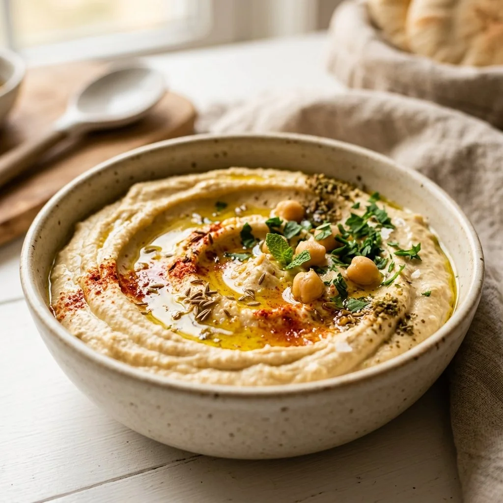 Bowl of classic hummus served with fresh vegetables and pita bread
