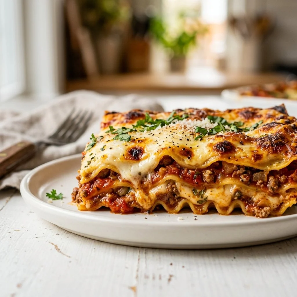 Classic lasagna with layers of meat, ricotta, and mozzarella cheese