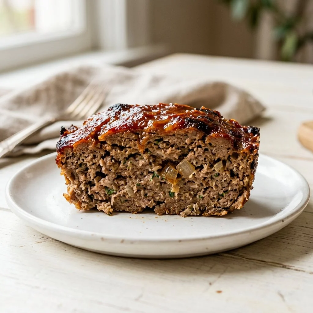 Delicious classic meatloaf served on a plate with garnish.