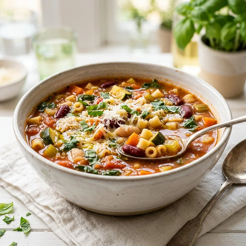 Bowl of Classic Minestrone Soup with vegetables and pasta, served hot.