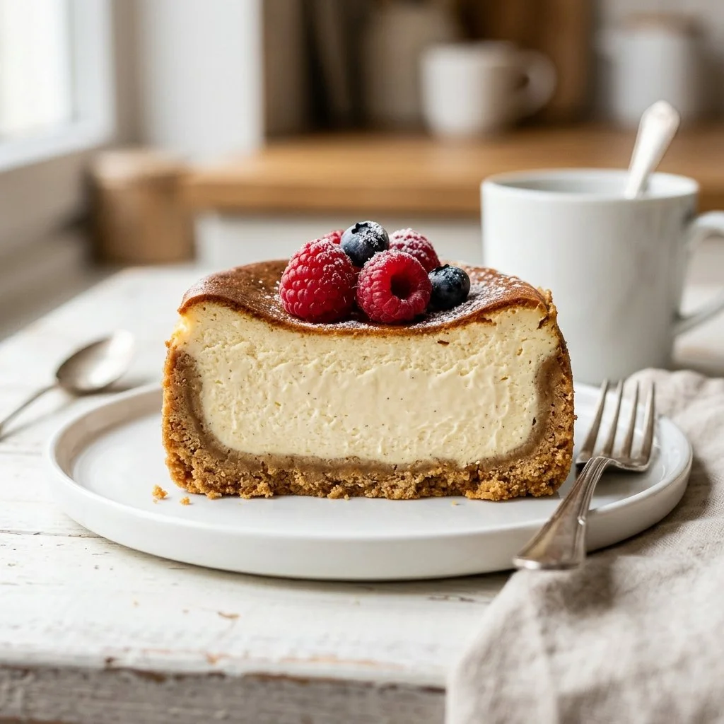 Delicious slice of classic New York cheesecake topped with fresh berries