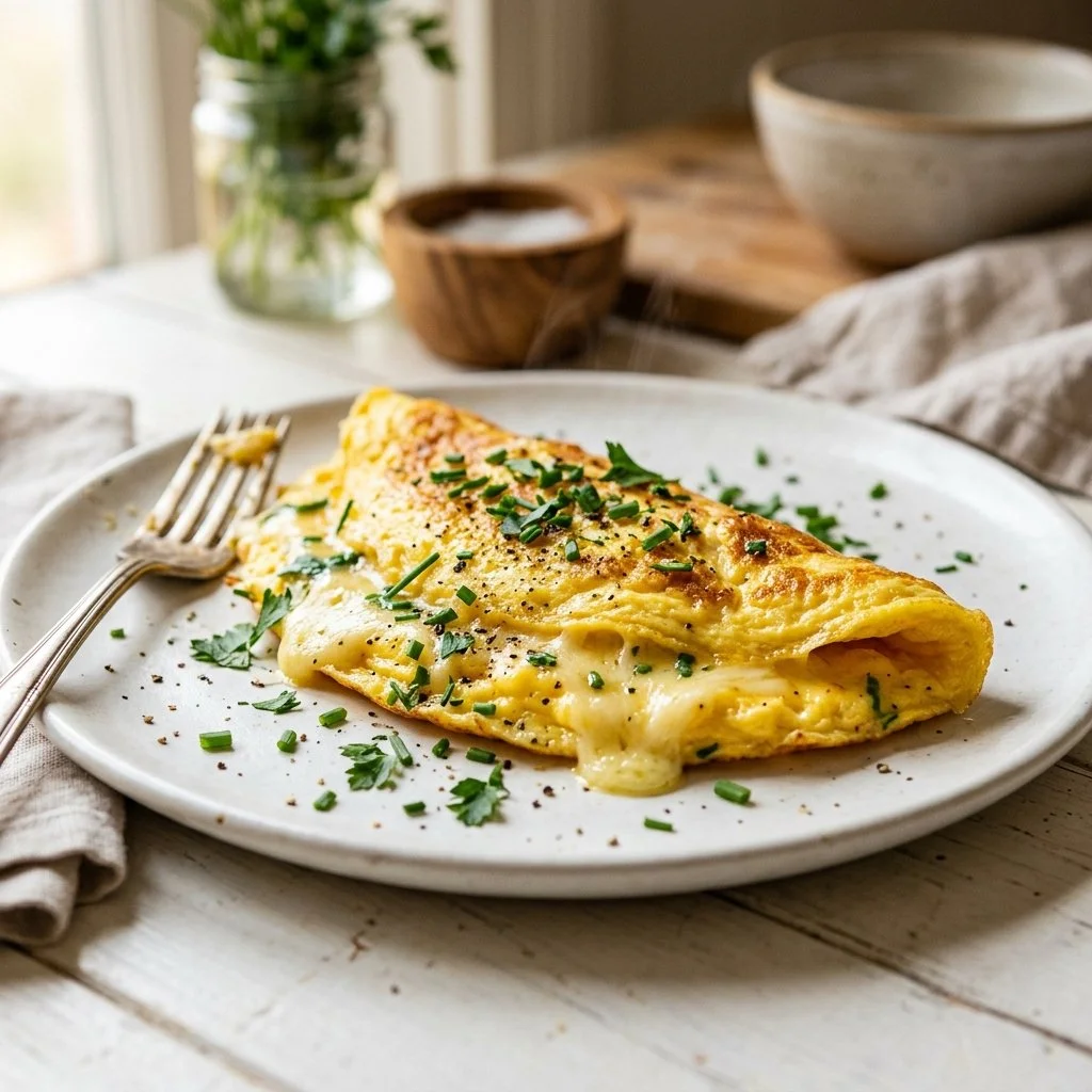 Classic omelette made with eggs and fresh vegetables on a plate