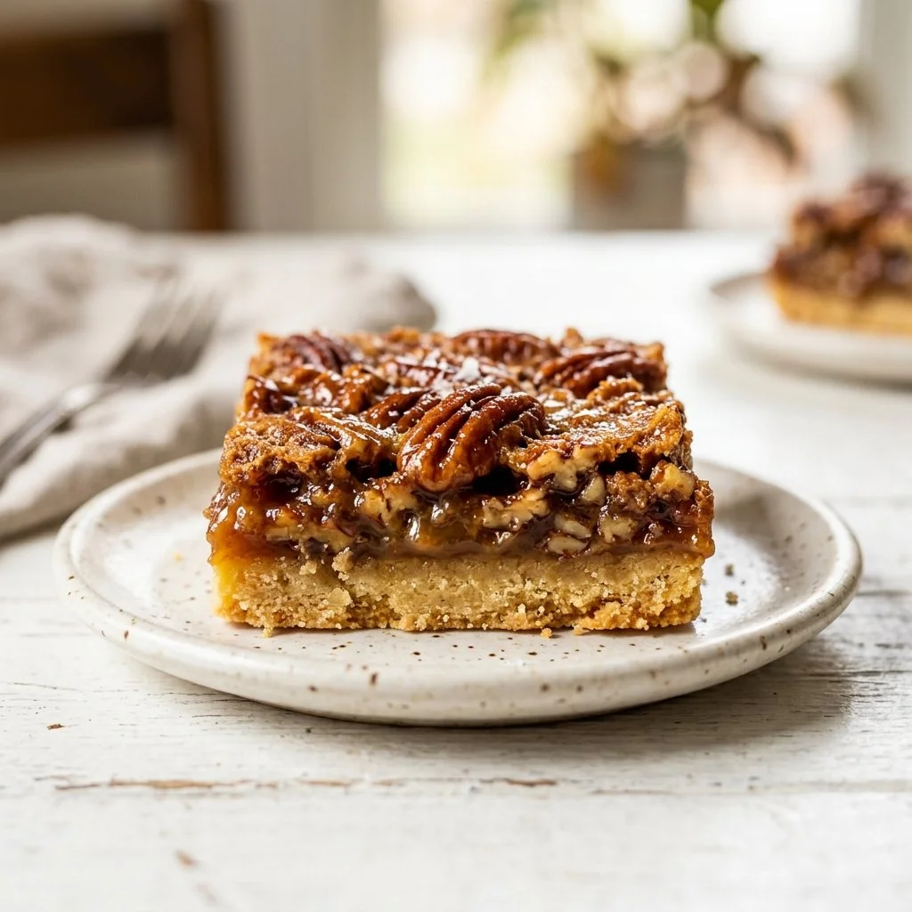 Delicious classic pecan pie bars on a wooden table